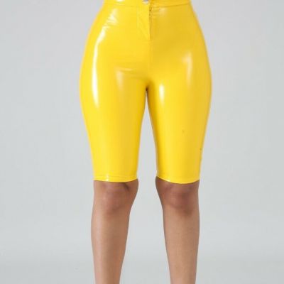 USA  Women High Waist Bright Vinyl Leather Bodycon Casual Knee Pants Active Wear