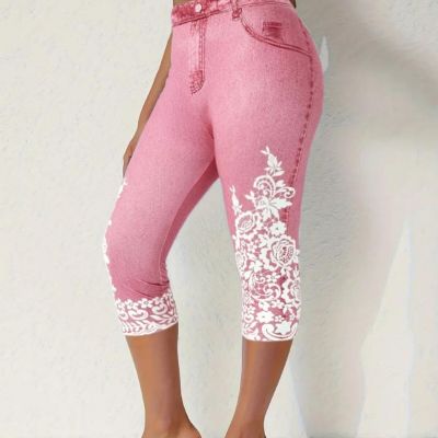 Chic Plus Size Capri Leggings – Comfort-Fit Denim & Floral Design –