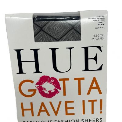 Hue Gotta Have It Control Top Concentric Diamonds  Black Sheers Size 1 Tights