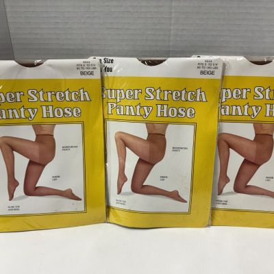 Lot 3 Vintage Super Stretch PANTYHOSE Nylon One Size Fits 96-160 lbs Beige NEW