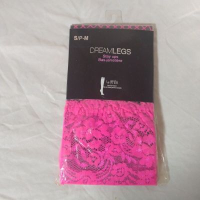 La Senza Dreamlegs Lace Top Fishnet Stockings Stay Up Made In Italy Bright Pink