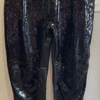 Spanx Sequin Faux Leather Leggings XL Black Stretch Slimming Party Witchy