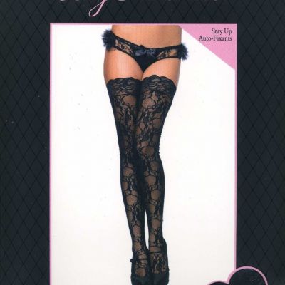 StayUp Floral Lace Nylon Stockings w/Lace Top Women's Reg Black Leg Avenue 9985