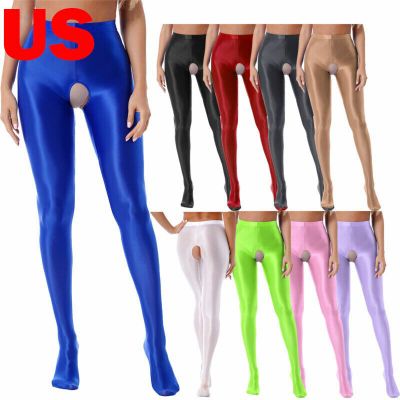 US Womens Glossy Crotchless Tights Footed Pantyhose Hot Pants Lingerie Clubwear