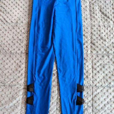 Glossy Blue High Rise Sport Leggings Yoga Workout Running w/ Lace Size S,L