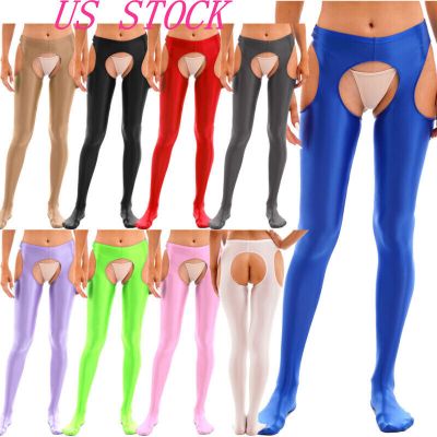 US Women Hollow Out Pantyhose Glossy Oil Yoga Pants Crotchless Tights Nightwear