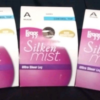 Lot Of 3 L'eggs Silken Mist Control Top Ultra Sheer Leg Run Resistant NUDE Sz A