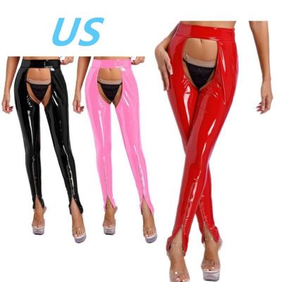 US Women's Wet Look Patent Leather Skinny Pants Crotchless Open Butt Trousers