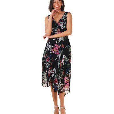 Connected Plus Size Floral-Print Sleeveless Handkerchief-Hem Dress - Black 20W