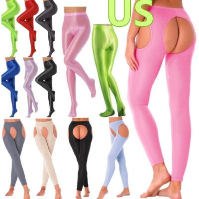 US Women Shiny Pantyhose Glossy High Waist Tight Yoga Sport Pants Stockings Sexy