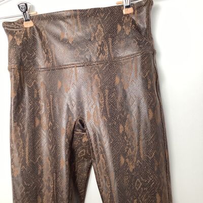 Spanx Faux Leather Snake Shine Leggings Womens Size M Brown Snakeskin Mid Rise