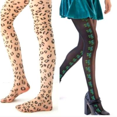 2 pairs!! Urban Outfitters Astrid Floral Tights Opaque sides & Leopard M/L