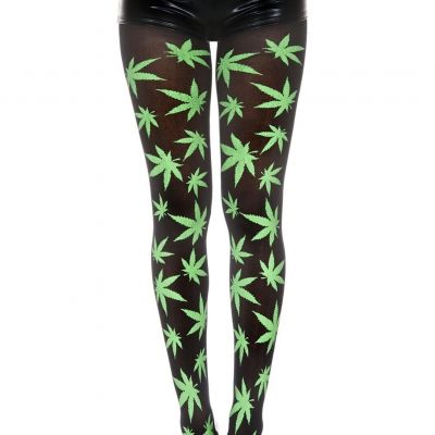 Music Legs Green Pot Leaf 420 Print Black Pantyhose Tights