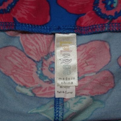 LuLaRoe Tall Curvy TC Leggings Bright Blue with Pink Floral Design
