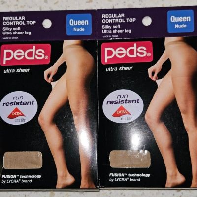 2 Pair Peds Regular Control Top Pantyhose Silky Soft Ultra Sheer Leg Queen Nude