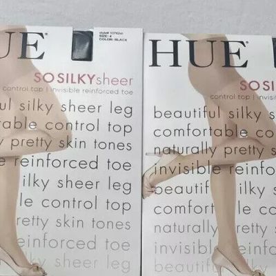4 HUE Black Silky Sheer Control Top Invisible Reinforced Toe Pantyhose Size 3-4