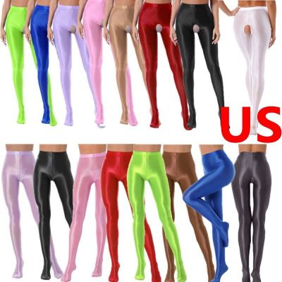 US Women's Shiny Glossy High Waist Tights Opaque Pantyhose Yoga Sports Pants