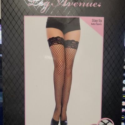 Leg Avenue Fashion Black Thigh-Hi Fish Nets Stay Up One Size 90-165 Lbs Lace