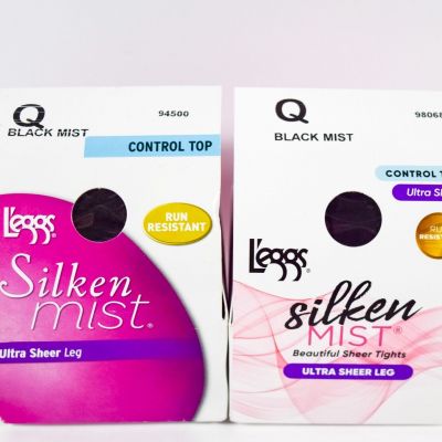 2 L'eggs Silken Mist Ultra Sheer Control Top Run Resistant BLACK MIST SzQ Tight