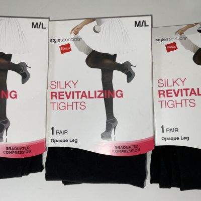 NIP 3 Pairs Hanes Stylessentials Silky Revitalizing Compression Tights Black M/L
