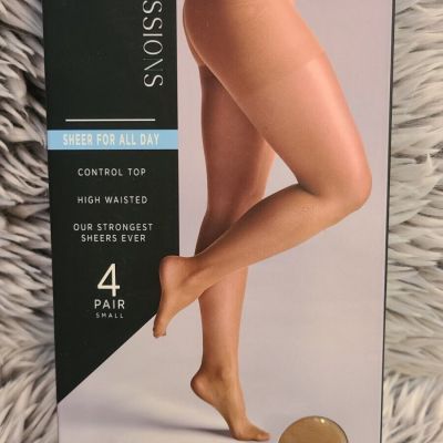 Silk Impressions 4 Pair SZ Small High Waisted Rich Tan Tights Sheer For All Day
