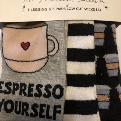 4 PACK Coffee Runs Are My Cardio 1PR Women's Plain Black Leggings +3PR Socks NWT