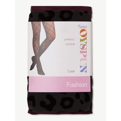 Joyspun Women's Red Opaque & Black Flocked Leopard 2 Pack Tights Size Small