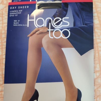 2-Pair Hanes Too Day Sheer Pantyhose Control Top Sandalfoot Sz EF Black,Barely B