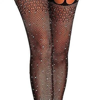AROOMVE Sparkle Rhinestone Stockings Women Sexy Crystal Pantyhose Fishnet Tights
