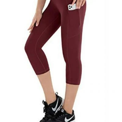 ESPIDOO CAPRI Leggings for Women with Pockets, High Waisted -XLARGE-WINE RED