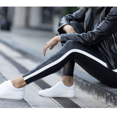 SPANX Faux Leather Leggings Women’s Black Tuxedo Striped High Waisted Size XL