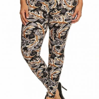 Abstract Leaf Print, Full Length Leggings In A Slim Fitting Style With A Banded