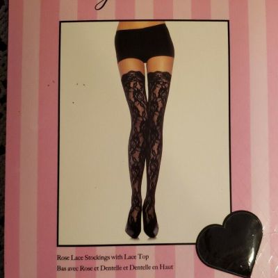 Leg Avenue ~ Black ~ Women's One Size ~ Rose Lace Stockings w/Lace Top ~ T-5