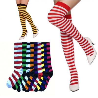 Women Girls Cotton Striped Thigh High Stockings Over The Knee OTK Socks S/M Slim