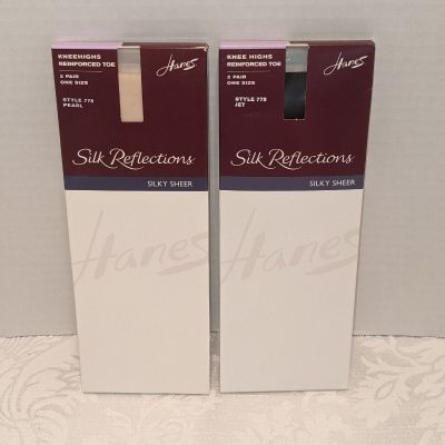 Hanes Silk Reflections Knee Highs Reinforced Toe Lot/2 Jet & Pearl 4 Pairs