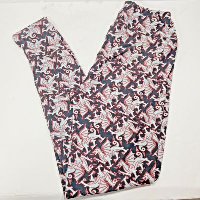 Lularoe Dragon Leggings Red Outlined White Winged Dragons over Black OS GOT