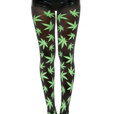 Ganja Leaf Weed Marijuana Green Pantyhose Hosiery Stocking Punk Rave Goth