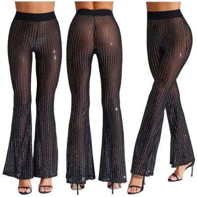 US Womens Sexy Sequined Mesh Flare Pants Bell Bottom Sheer Mesh Pants Trousers