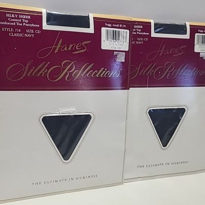 2 Hanes Silk Reflections Reinforced Toe Pantyhose Style 718 CD Classic Navy CTop