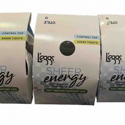 3x L'eggs Sheer Energy Control Top Sheer Tights Size Q Jet Black