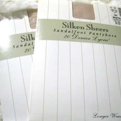 2 PAIR OF HIT OR MISS SILKEN SHEERS SANDALFOOT PANTYHOSE - LINEN - SIZE MED/TALL