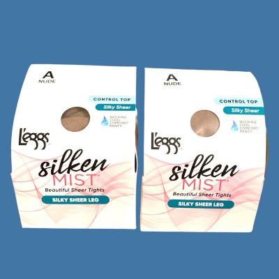 (2X) L’eggs Silken Mist Sheer Tights Silky Sheer Leg Control Top Nude Size A