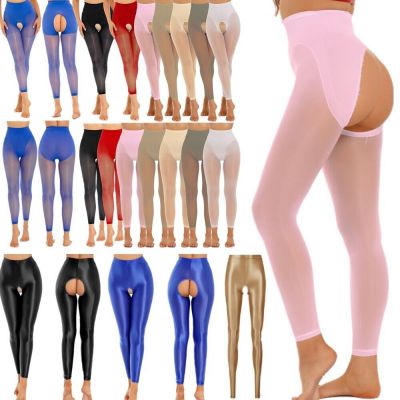 US Women Shiny Oil Pantyhose Cutout Sexy Lingerie Pants Footed Long Stockings