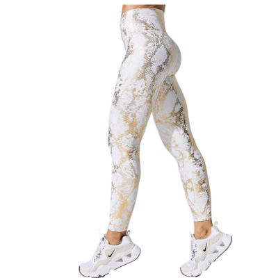 Women's White with Gold Snake Accent Leggings- Shiny, Stretchy, Comfortable.