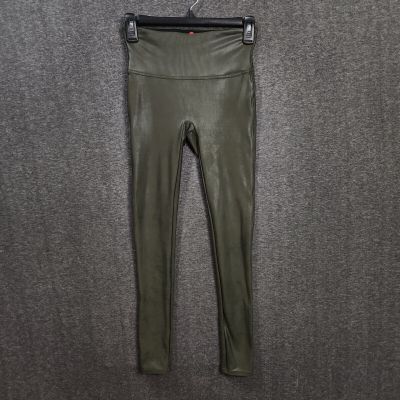 SPANX Faux Leather Shiny LEGGINGS 2437 Dark Olive Green Size Small Shaping