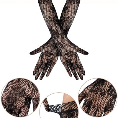 2 Pieces Suspender Pantyhose Long Floral Lace Gloves Stocking Fishnet Tights ...