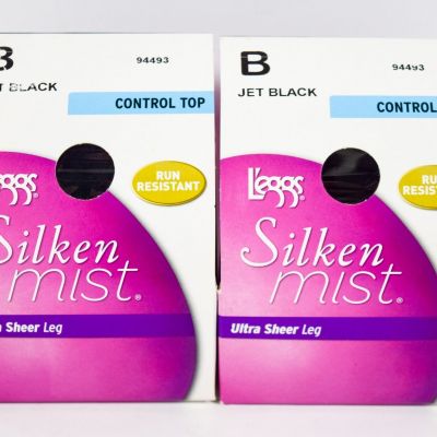 2 L'eggs Silken Mist Control Top Ultra Sheer Run Resistant Tights JET BLACK Sz B