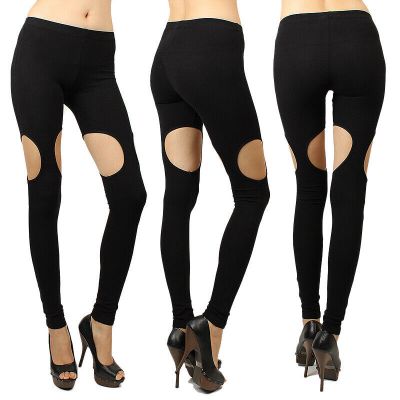 NEW Womens Black Leggings Long Pants Ankle Length Sexy Hole Cutout Basic Casual