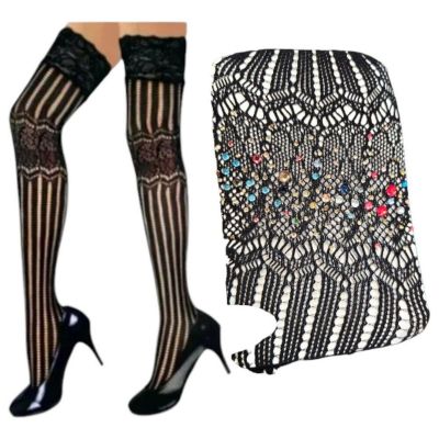 Jewel Rhinestone Black Thigh High Jacquard Stockings