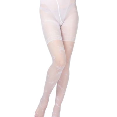 Pantyhose Sheer Flower Print White Control Top XL Wedding MeMoi